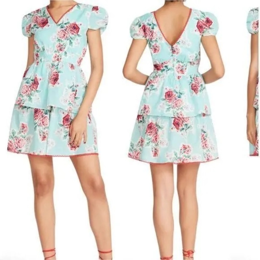 Betsey Johnson Teal Blue Floral Babydoll Tiered seersucker Tea Dress - Picture 2 of 10